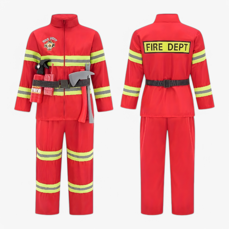Brave Firefighter Costume for Kids – Set with Jacket, Hat, Tools, and Accessories