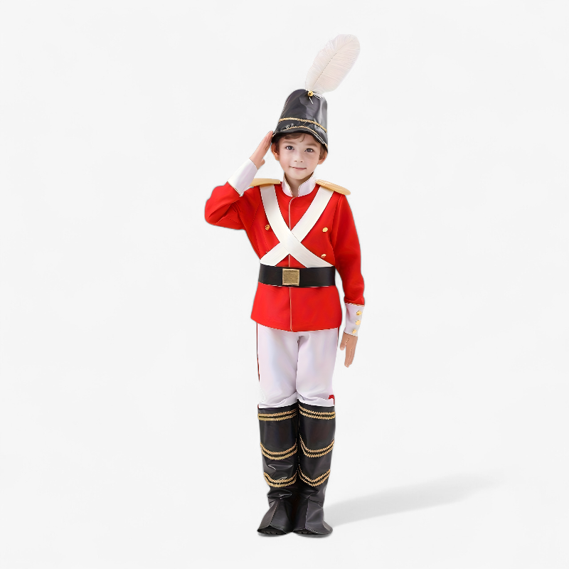 Elegant Soldier Outfit for Children – Includes Red Jacket, Black Boots, and Feathered Hat