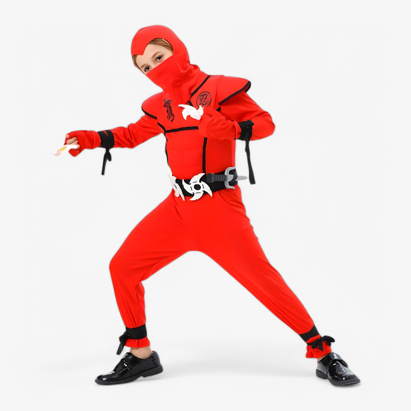 Brave Ninja Costume for Boys – Red Jumpsuit with Accessories and Weapons