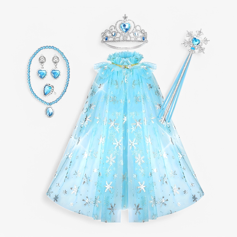 Enchanting Princess Set – Snowflake Cape with Crown and Magic Wand