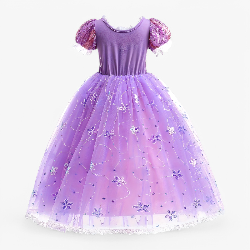 Bezauberndes lila Prinzessinnenkleid – inklusive Krone, Schmuck und Tasche