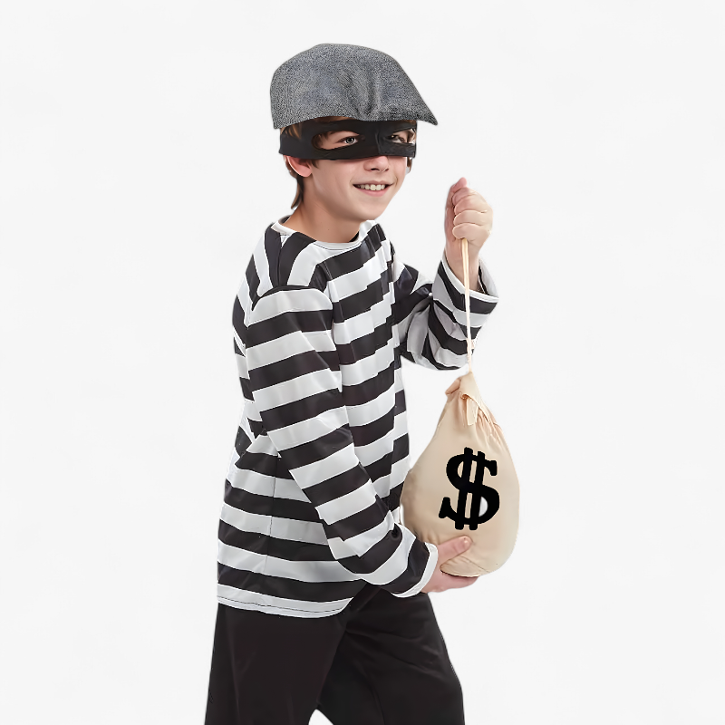 Thief Costume for Children – Includes Top, Bag, Hat, and Mask