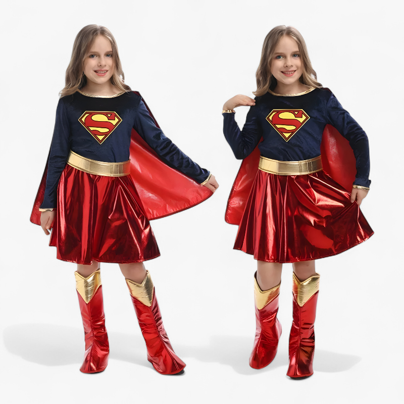 Supergirl Costume – Stylish Superhero Jumpsuit with Cape and Boots for Girls