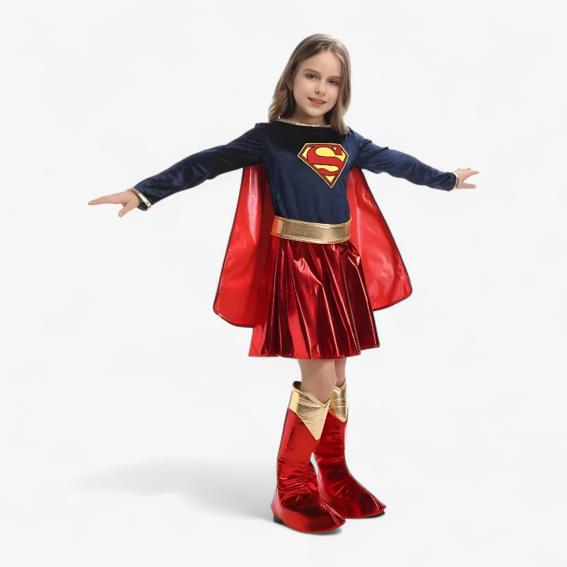 Supergirl-Kostüm – Stylischer Superheldinnen-Overall mit Umhang und Stiefeln für Mädchen