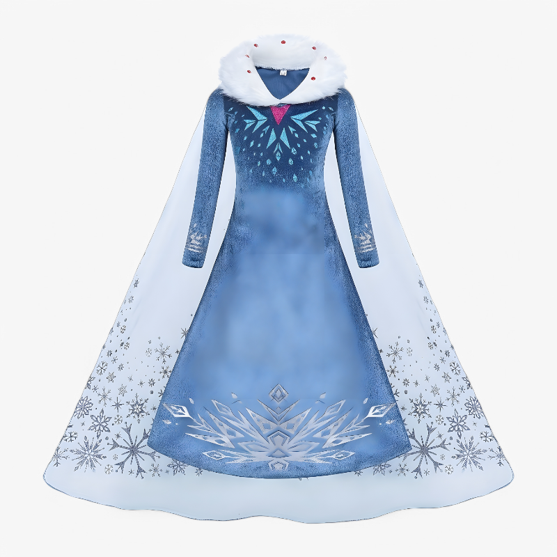 Enchanting Princess Costume for Children – Snowflake Print with Fur Collar, Crown, and Star Wand