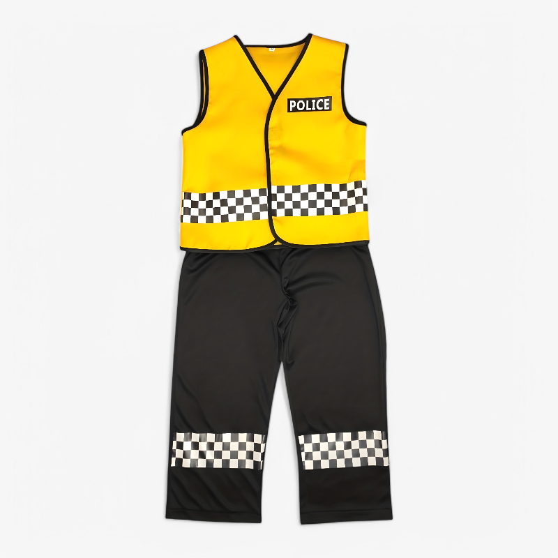 Police Costume for Kids – Yellow Vest, Checkered Accents, and Hat with Accessories