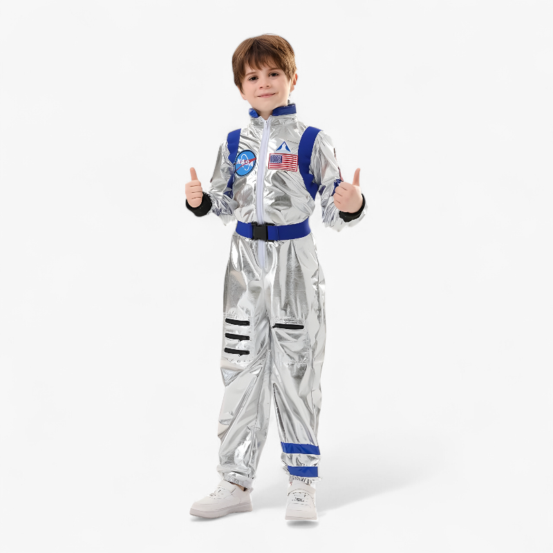 Strój astronauty dla dzieci – lśniący srebrny kombinezon z logo NASA