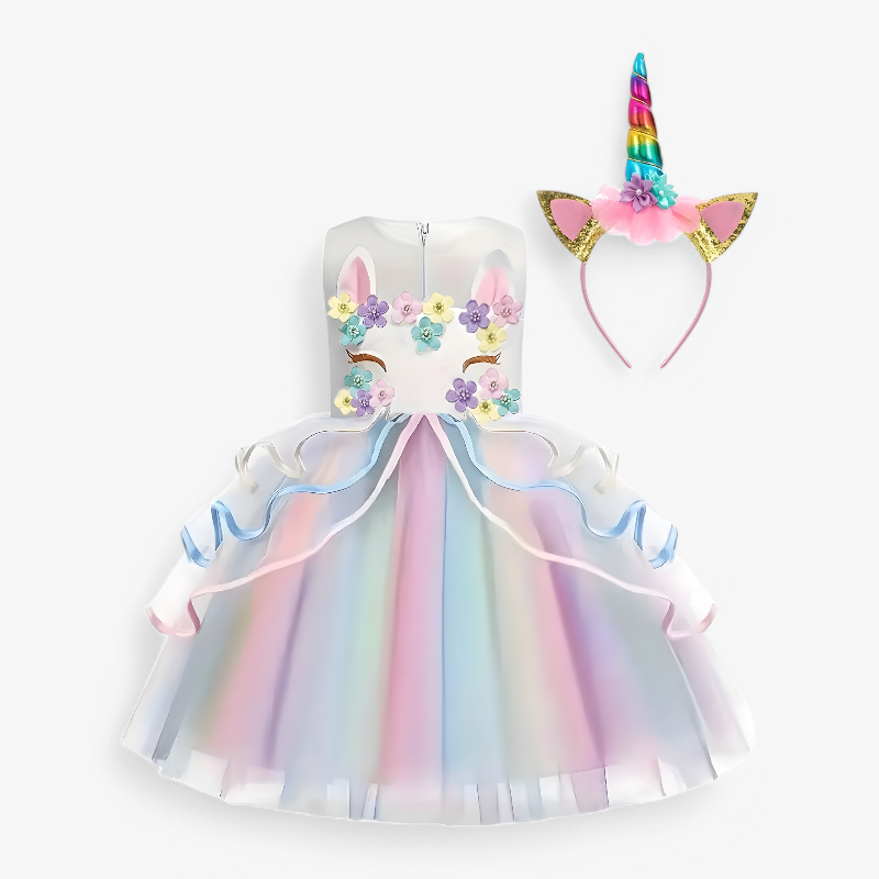 Imaginative Unicorn Princess Dress – With Flowers and Colorful Tulle
